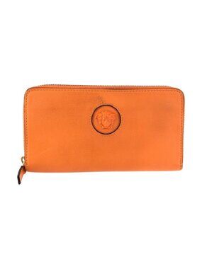 Versace Medusa Zip Around Orange Gold Leather Wallet